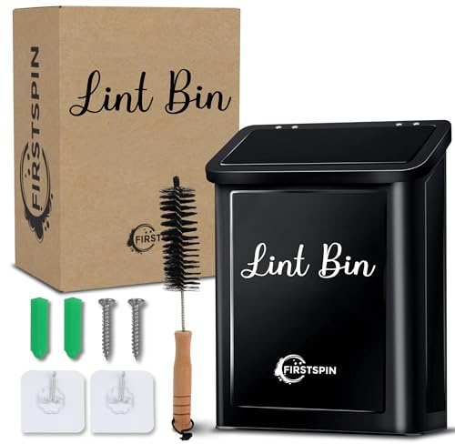 FIRSTSPIN Magnetic Lint Bin for Laundry Room – Black Metal Lint Holder with Lid – Wall Mount & Magnetic Trash Can – Modern Farmhouse Style for Laundry Room Organization and Storage