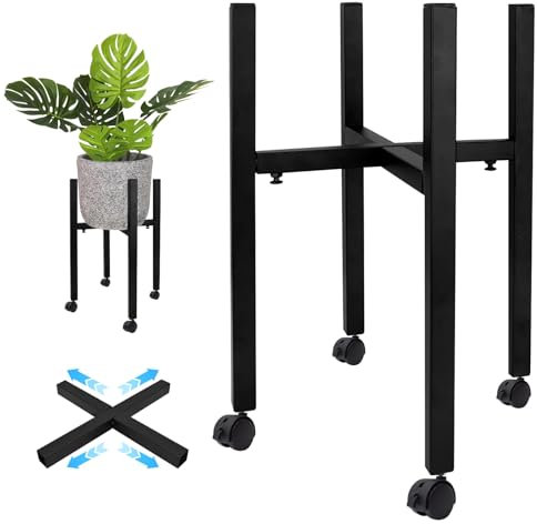 JNUYISW Soporte para Plantas Ajustable, Soporte para Macetas de Metal Negro con 4 Poleas para Macetas de Distintos Tamaños de 24-38CM Estanteria Plantas para Hogar Jardín Patio Interior Exterior