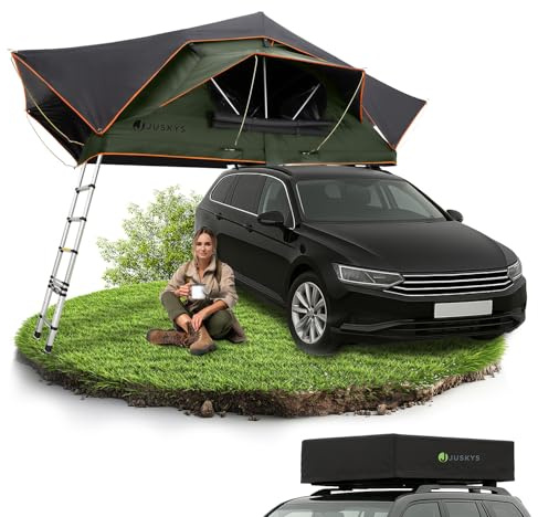 Juskys Autodachzelt Lago 140 x 240 cm - UV-Schutz & Wasserdicht - Matratze & LED-Beleuchtung - Camping & Outdoor - Teleskopleiter - Schwarz/Olivengrün