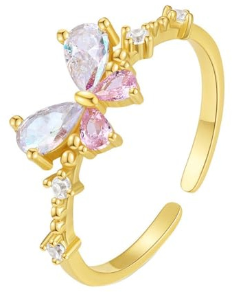 Skcess 14K Gelbgold Engagement Ring Pink Moissanite Ring, Verstellbarer Offener SchmetterlingsRinge Damen Größe 62 (19.7)