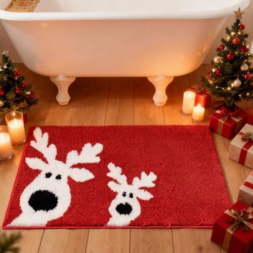 Prozebii Weihnachtstürmatte (80cm x 50cm,rot/weiß), niedliche Rentier dekorative Haustürmatte, Weihnachtsneujahrsfest-Sammlung lustige Türmatte für vordere Veranda Eingang rutschfest