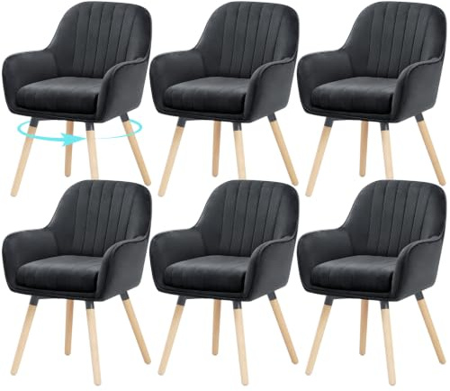 ELUCHANG Esszimmerstühle 6er Set, 360° Drehbar, 12cm Dicke Polsterung Stuhl mit Hohen Armlehnen, Schwarz Samt, bis 150 kg Belastbar, für Schlafzimmer Küche Wohnzimmer
