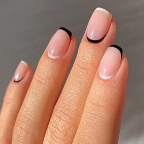 Ceboic 24 Pièces Noir Blanc Ongles à Coller, Français Court Oval Press on Nails, Couleur Unie Brillante Ongles Acryliques, Réutilisable Couverture Complète Faux Ongles Autocollants pour Femmes Filles