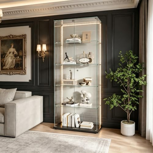 ZSSWSS Vitrine aus Glas,Ausstellungsvitrine mit 5 Glasablagen, Moderne Vitrine für Wohnzimmer mit 2 Türen und Schloss,Vitrine für Sammler,5 Etagen 2 Tür, für Sammlervitrine,Bücher und Wein,Schwarz B