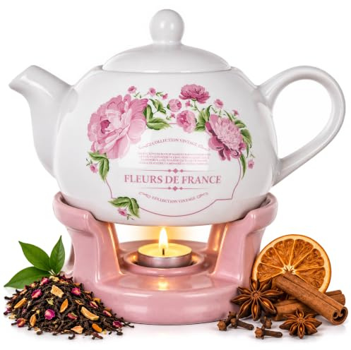 KADAX Teekanne 1L mit Stövchen Set, Kaffeekanne aus Porzellan mit Deckel, Griff und Teestövchen, Kanne mit Teelicht Wärmer für Tee, Teeservice (Rosa/Weiß)