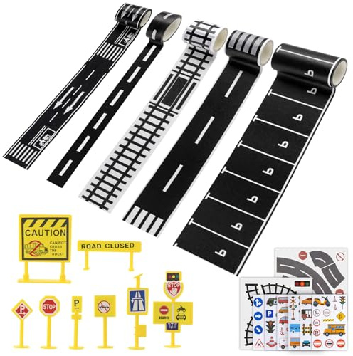 22 PCS Road Tape DIY Traffic Sign Set, Romovable Road Tape for Toy Cars | Easy to Apply and Remove, Durable Reusable Roadway Stickers, Sign Toys for Party Decoration and Creative Play