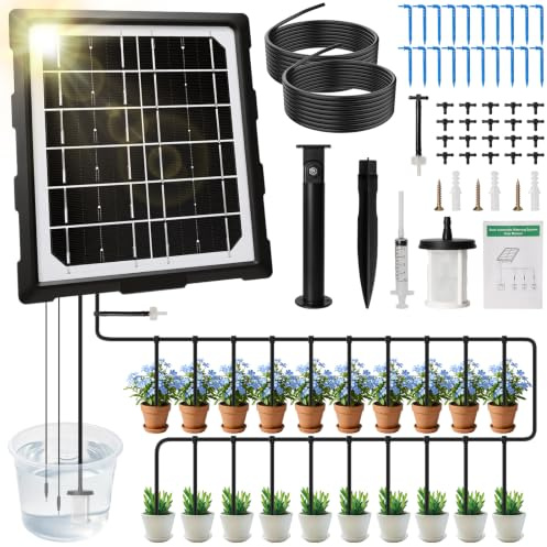 Kit Irrigazione a Goccia Solare, Irrigatore Automatico per Vasi con Tubo da 20M, Irrigazione Automatica per Balcone, Serra e Aiuole, Irrigazione a Goccia per fino a 20 Piante