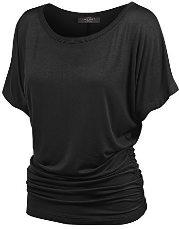 Made By Johnny Women's Solid Short Sleeve Boat Neck V Neck Dolman Top with Side Shirring, Wt817_black, 5XL