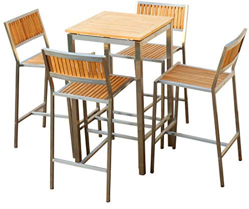 ASS BAR-Set - Edelstahl Teak Bartisch Bistrotisch 60x60cm mit 4X Barhocker Modell: MEXIKO von