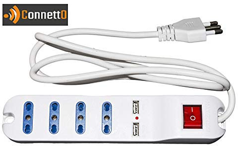 Connetto MULTIPRESA 4 Prese UNIVERSALI ITA 10/16 A - Spina 16 A con Interruttore con 2 Prese USB