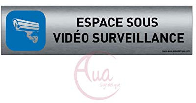 AUA SIGNALETIQUE - Plaque de porte Aluminium brossé imprimé AluSign - 200x50 mm - Double Face adhésif au dos (Vidéo surveillance)