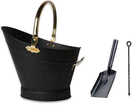 Heavy Duty Metal Fireside Waterloo Bucket Fireplace Hod Scuttle Coal Fuel Ash Wood Log Storage Option with Shovel and Poker (Black & Brass + Shovel&Poker)