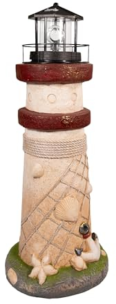 NATIV LEMODO Gartendeko Leuchtturm 81 cm hoch | Handbemalte Gartenfigur mit solarbetriebenem, rotierendem Leuchtfeuer | Maritime Außendeko mit LED Beleuchtung