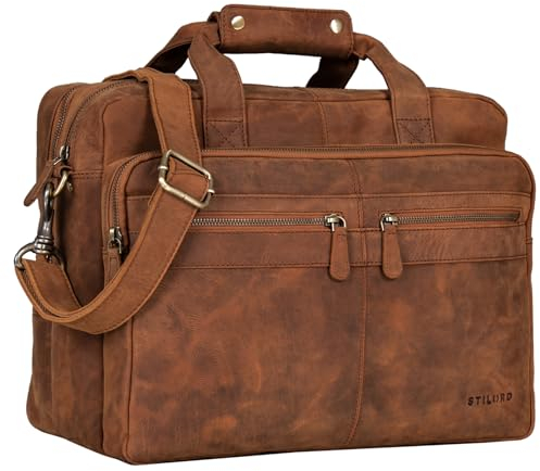 STILORD 'Explorer' Lehrertasche Leder Herren Damen Aktentasche Büro Schulter- oder Umhängetasche für Laptop mit Dreifachtrenner Echt Leder Vintage, Farbe:tan - dunkelbraun
