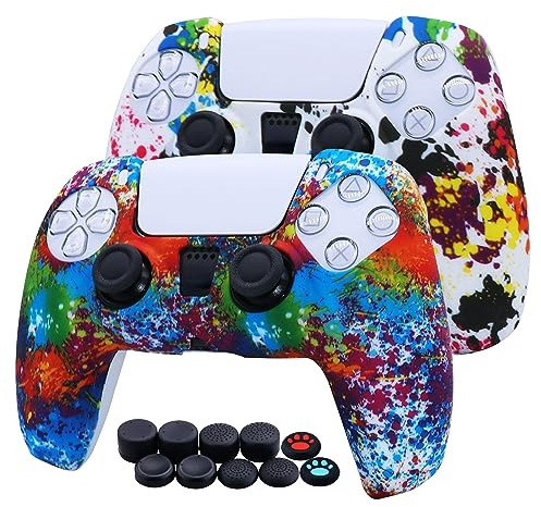Jusy 2 Stück DualSense PS5 Controller Weiche Silikon Hülle für PS5 Controller, Anti-Schweiß, rutschfest, staubdicht, mit 10 Daumengriffen (Graffiti)