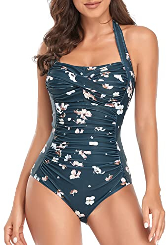 Smismivo Badeanzug Damen Bauchweg Push Up Schwimmanzug mit Retro Schlankheits Raffung Vintage Einteilige bademode Swimsuits for Women