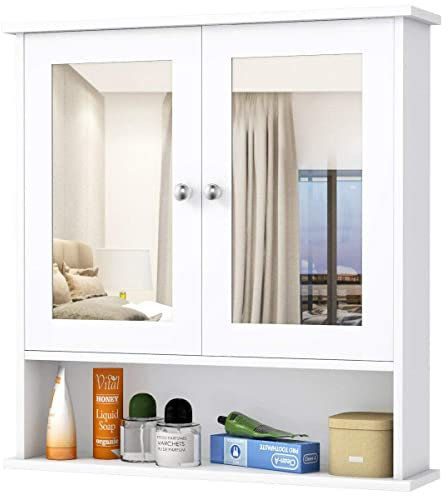 raxter Double Door Mirrored Bathroom Cabinet, 3 Tier Wall Mounted Storage Unit with Adjustable Shelves Wooden Display Cupboard for Home, Living room, Kitchen, Bedroom & Bathroom Accessory Organizer