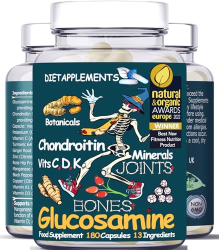 Glucosamine & Chondroitin complex – 180 High Strength Capsules – Turmeric, Ginger, Black Pepper, Rosehip, Vitamin C, Vitamins D & Vitamin K, Zinc, Manganese and Copper & Potassium for bones and joints