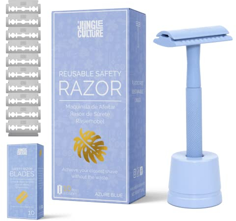 Jungle Culture® Rasierhobel Damen und Herren inkl. 10 Klingen & Rasierständer in Blau • Nassrasierer für Frauen • Einzelklingen Metall Rasierer für Körper Gesicht & eBook Rasierführer • Safety Razor