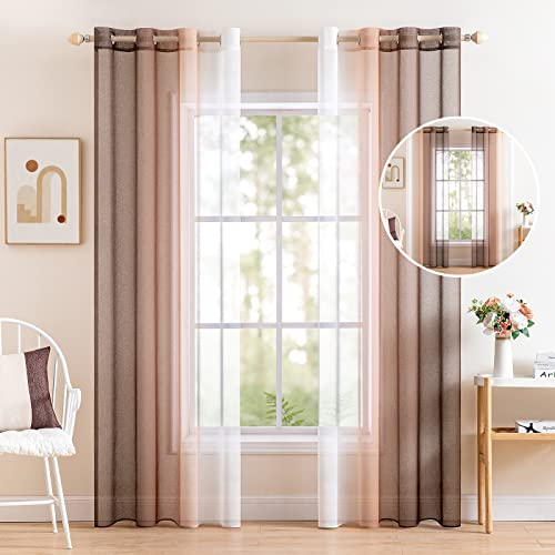 MIULEE 2er Set Voile Vorhang Zweifarbiger Vorhang mit Ösen Transparente Gardine Ösenschal Fensterschal Lichtdurchlässig für Schlafzimmer, 140x215cm, Weiß Hellkaffee