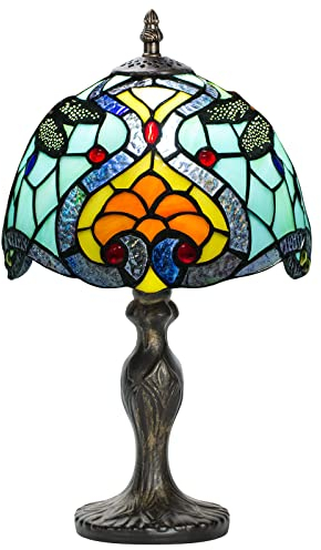 7CDXD Stained Glass Lamp Klein Retro Lampen mit Handcraft Glasmalerei Lampenschirm und Metallsockel für Dekorieren Sie Schlafzimmer Wohnzimmer Arbeitszimmer Büro Bar [Energieklasse F]