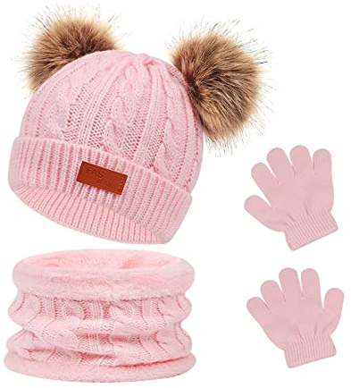 Waylipun 3 in 1 Kinder Wintermütze Schal Handschuhe Set, Strickmütze Babymütze Kinder Mütze Set, Warme Winter Beanie Hut Handschuhe Schal Set für Kinder Jungen Mädchen, 1-5 Jahre (Rosa)