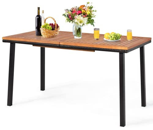 GYMAX Tavolo da Pranzo, Tavolo da Esterno con Gambe in Metallo, Tavolo con Foro per Ombrellone, Portata 77 kg, Tavolo in Acacia, 140 x 75 x 76 cm