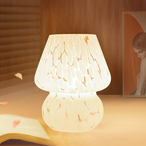 ONEWISH Niedliche Pilzlampe, kleine Nachttischlampe, stufenlos, dimmbar, durchscheinendes Glas, weiß, Nachttischlampe für Schlafzimmer, Wohnheim, Kinderzimmer, Wohnzimmer, Küche, Murano-Stil, Geschenk