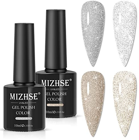 MIZHSE Glitter Gel Polish 2 Colours Reflective Diamond Gel Nail Polish Sparkly Shiny Disco Silver Soak Off UV/LED Gels Set 2PCS DIY Nail Salon