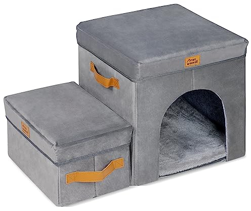 YingWahKee 45,7 cm H Haustiertreppe Stufen mit Stauraum & Höhle, faltbare Hundetreppe Stufen für Hochbett & Couch & Fensterbank, rutschfeste Haustierrampe Leiter für Katzen & kleine und mittelgroße