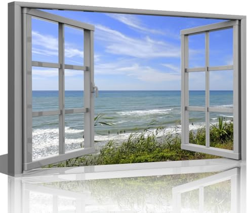 TISHIRON Leinwandbild, 3D-Fensterblick, Sommerzeit, Kunst, Strand, Meer, Bild für Zuhause, Büro, Badezimmer, Schlafzimmer, gespannt, Giclée-Gerahmter Druck, fertig zum Aufhängen, 30,5 x 45,7 cm