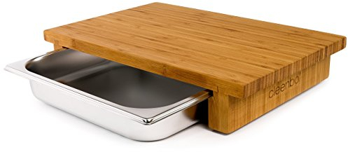 cleenbo® Schneidbrett mit Auffangschale, 2.Wahl Classic bamboo GN Profi Holz Küchenbrett aus geöltem Bambus, Schneidebrett mit Gastro Auffangbehälter (Edelstahl Schublade) Maße: 43 x 29 x 7,5 cm