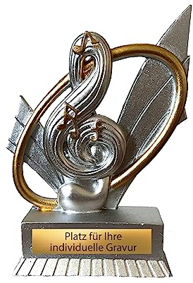 eberin · Gesang Musik Pokal · Musikschule · Gesangsausbildung · Resinfigur Notenschlüssel & Noten Silber mit Gold · Klassische Musik Pokal mit Wunschtext