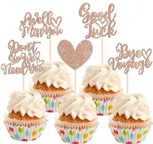 Xsstarmi 30 Pack We Will Miss You Cupcake Toppers Glitter Bye Voyage Good Luck Cupcake Picks Love Heart for Retirement Farewell Going Away Party Cake Decorations Supplies Rose Gold