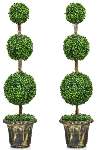 GIANTEX Albero di bosso artificiale con palline, pianta realistica da interni ed esterni, in vaso riempito di cemento, per decorazione del soggiorno, patio, balcone, matrimonio, cespugli (30 x 30 x