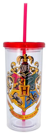 Harry Potter Tazza di plastica con stemma di Hogwarts con coperchio e cannuccia, 567 g