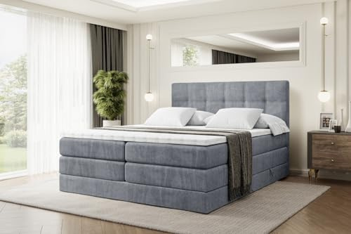 ALTDECOR Boxspringbett mit Matratze und Lattenrost, Topper, Polsterbett mit Bettkasten, Bett mit Stauraum H3- und H4- Matratze, Doppelbett, Springboxbett - Marce King - 140x200 - Grau Samt