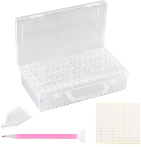 Kiperline Diamond Painting Zubehör Boxen, 64 Stück 5D Diamond Painting Aufbewahrungsbox mit 112 Etiketten für Diamanten, Perlen und anderes DIY-Zubehör.