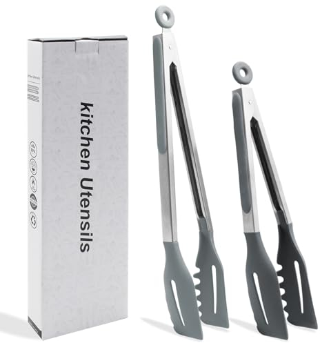 Mecmbj pince cuisine silicone, pince barbecue, 2 Pcs pince à gril en silicone avec embouts et poignées antidérapants en silicone, pinces à viande pour la cuisine, la pâtisserie et grillades (gris)