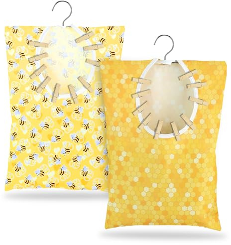 Bee Honeycomb Clothespin Holder - 2 Pcs Bee Clothes Pin Bags - 15 X 11 Inch - Clothes Hanging Bag for Laundry Room & Outdoor Use