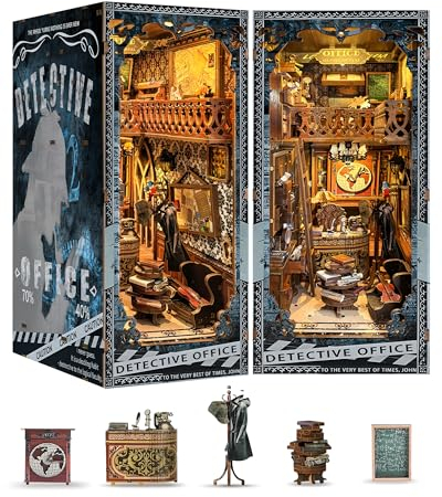 RONSTONE DIY Book Nook Kit - Puppenhaus mit LED-Licht,Kreatives Bauen Mini Booknook Bücherregaleinsatz Dekor,3D Puzzles Detektiv Büro Buchstützen Modell Regal Dekoration für Erwachsene