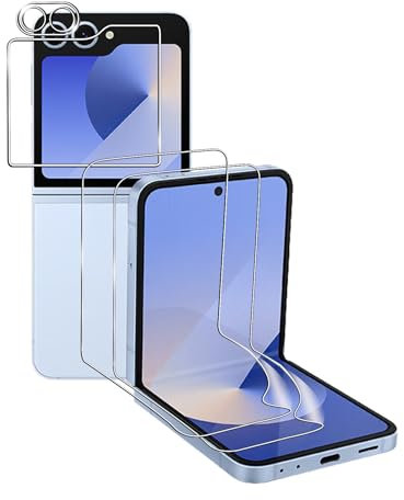 Bihizei Verre Trempé pour Samsung Galaxy Z Flip 6 5G, 2 Pièces Protection Film Flexible + 1 Pièces 9H Dureté Avant Protection Écran + 1 Pièces Caméra Arrière Verre Trempé Protecteur, Anti-rayures,HD