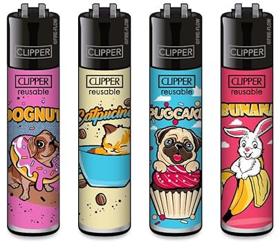 Clipper Feuerzeuge, Set mit 4 Stück, außergewöhnliche Motive (Foody Animals)