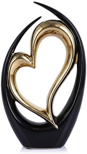 oliruim Keramik-Herz-Dekor, Liebesstatue, schwarz-goldene Doppelherzen-Skulpturen für Zuhause, Tischdekoration, Valentinstag, Hochzeit, dekorative Artikel für Regale, Couchtisch-Dekoration (Umarmung