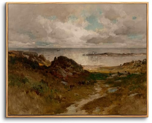 hyidecorart Vintage Meereslandschaft Leinwand Bilder mit Rahmen Holz, 40x60 cm Wandbilder Wohnzimmer Küstenweg, Modern Wanddeko Schlafzimmer Gemälde Badezimmer Büro Zimmer Esszimmer Flur