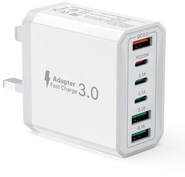 USB C Plug, 40W 6-Port Fast Multi Charger Plug UK With PD 25W Power Adapter + QC 18W Wall Charger Mains Type C Charging Plug for iPhone 15 Pro Max 14 13 12 11 XS XR SE,Samsung, iPad Pro