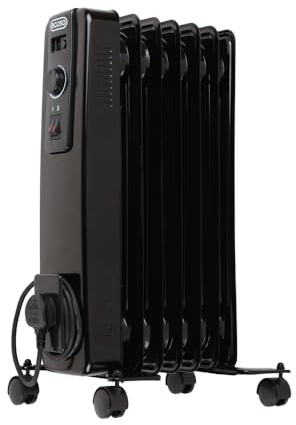 ECOSO 1500W Black UK Plug Oil Filled Electric Radiator 540 x 240mm | Steel Construction. Generous Heat Output. Contemporary Style. Oil Filled Design. Castor Wheels Fitted. Standard UK Plug.