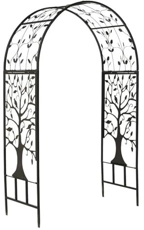 Bogen aus Metall for den Garten, Baum des Lebens, 213,4 cm H x 135,6 cm B x 58,4 cm T, schwarzes Spaliergitter for Pflanzen, Hochzeit | Terrassendekor im Freien