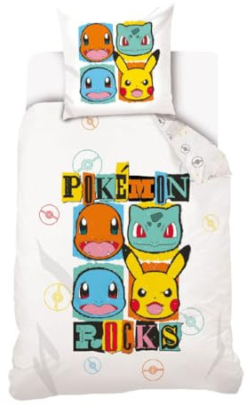 My sweety pop Bettwäsche – 2-teilig – Kinder – Bettbezug – 140 x 200 cm – Kissenbezug – 70 x 90 cm – 100 % Baumwolle (Pokémon – Weiß)