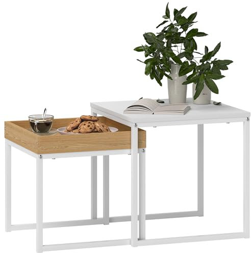 HOMCOM Mesas Auxiliares para Salón Mesas Nidos de 2 Piezas con Marco de Acero Mesas de Centro Pequeñas para Dormitorio Blanco y Roble